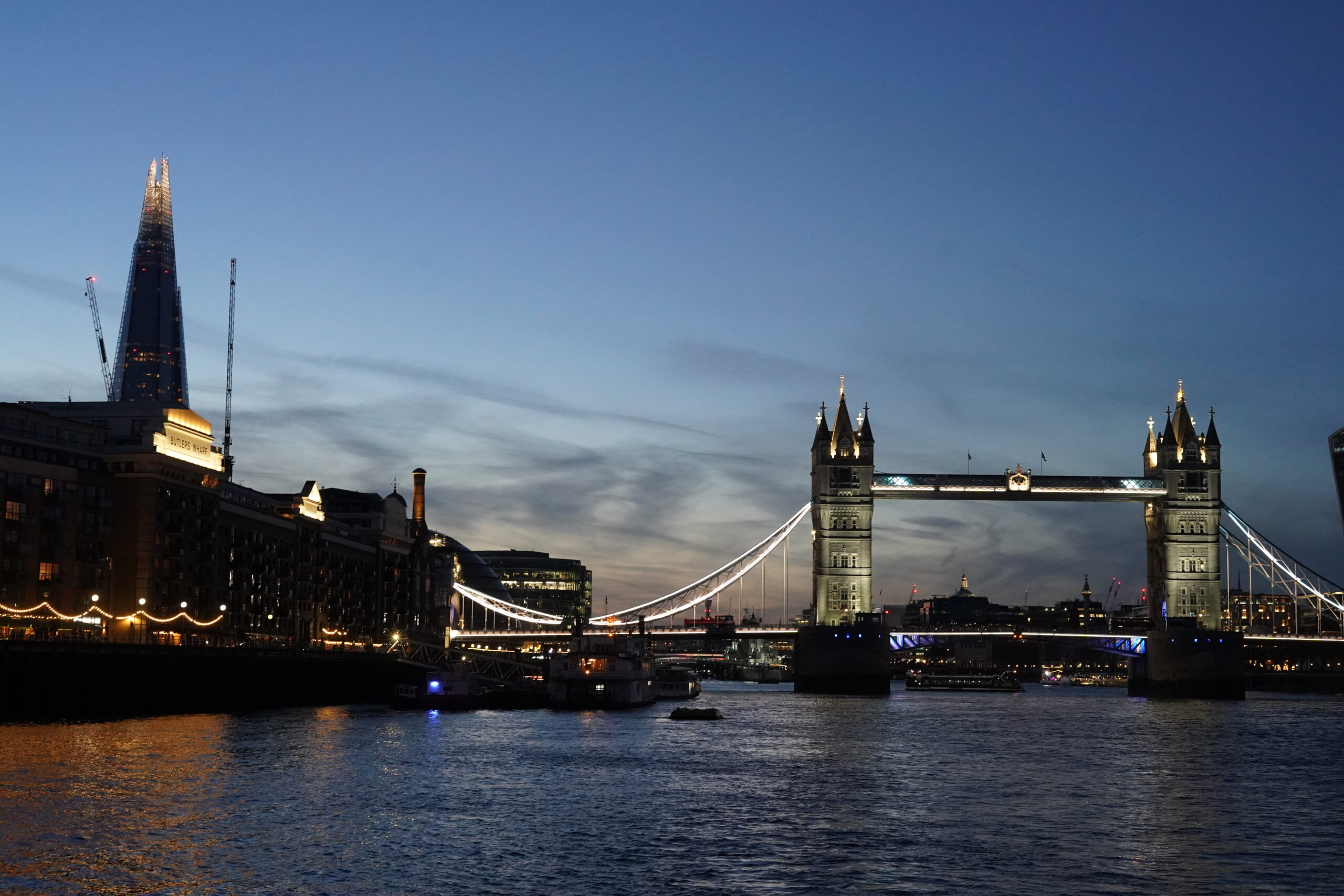 Tower Bridge and the Shard viewed from a boat on the River Thames