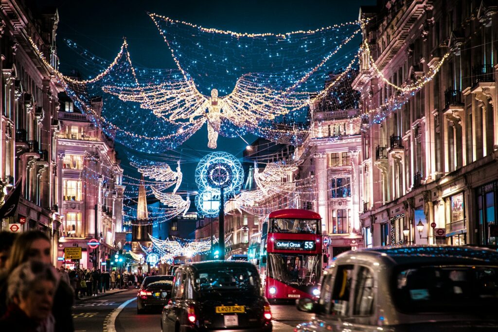 Angel topiary lights along Regents Street in London.