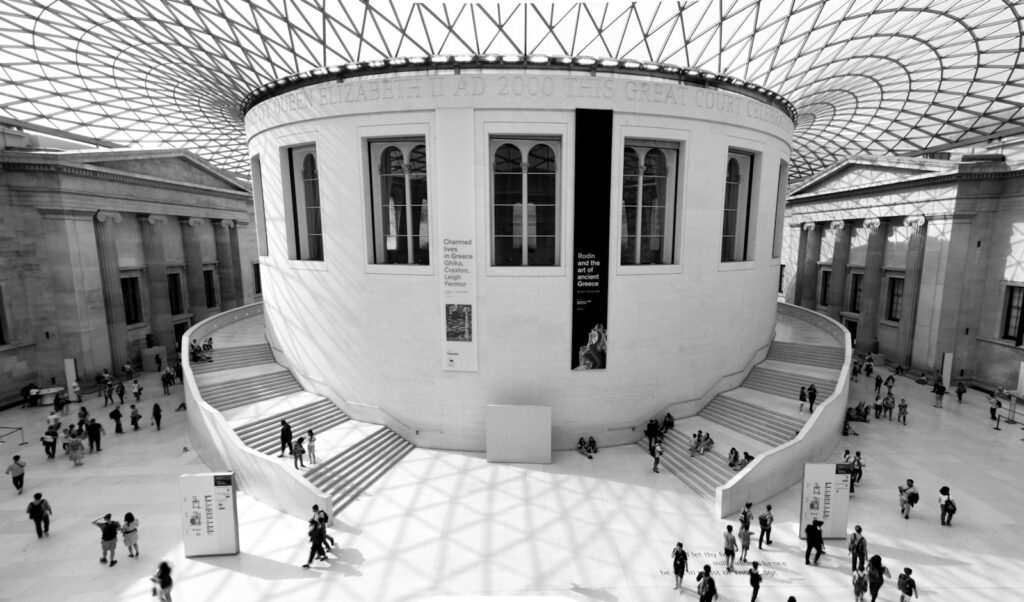 a black and white photo of The British Museum Great Court.
