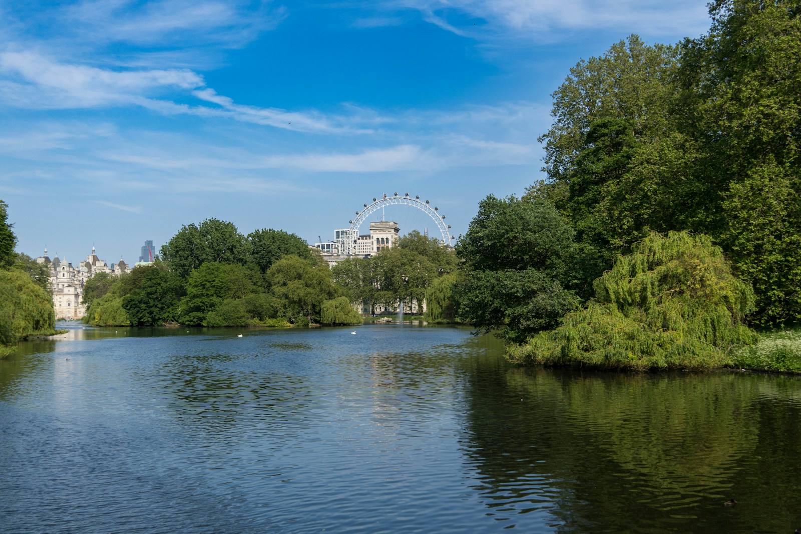 The lake at St James Park showing the London Eye peaking over the top of the trees.