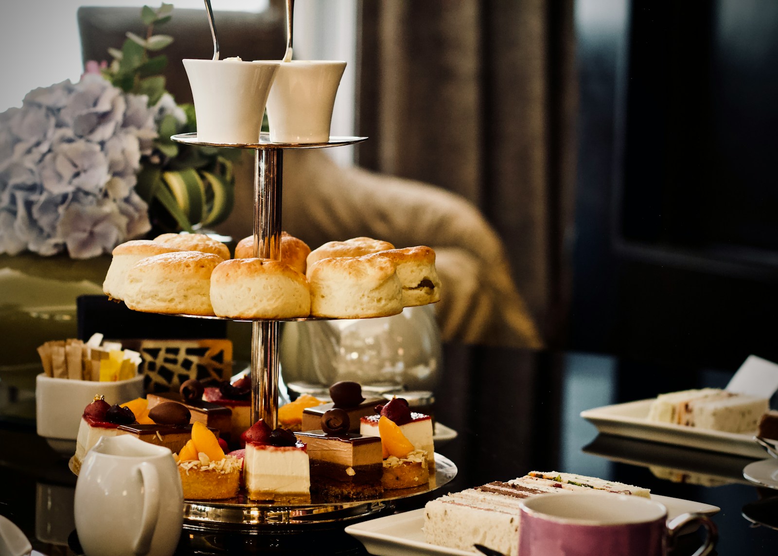 Afternoon tea pastries display on a cake stand
