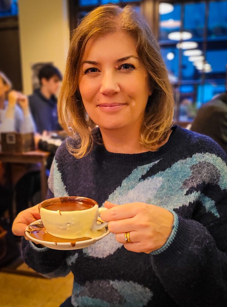 Drinking the triple hot chocolate at Italian Bear Cafe