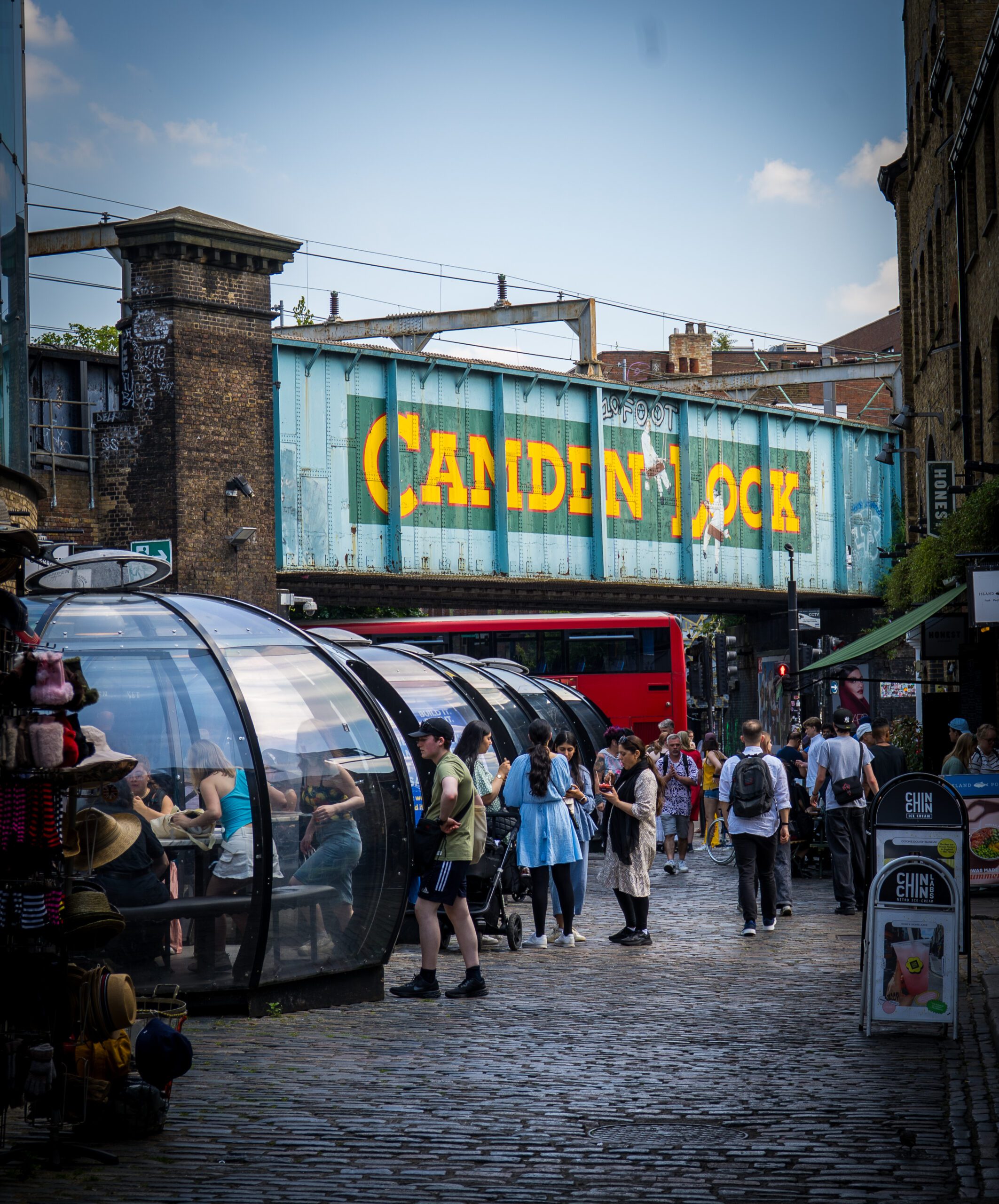 Eating pods and food stalls at Camden Lock