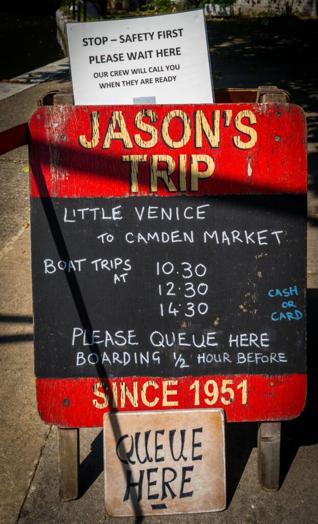 Sign advertising canal boat trips on the Regent's canal at Little Venice