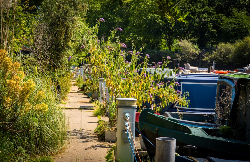 Canal boats moored along Regent's Canal