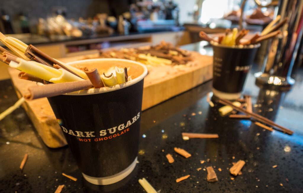 Dark Sugars Hot Chocolate with chocolate shards