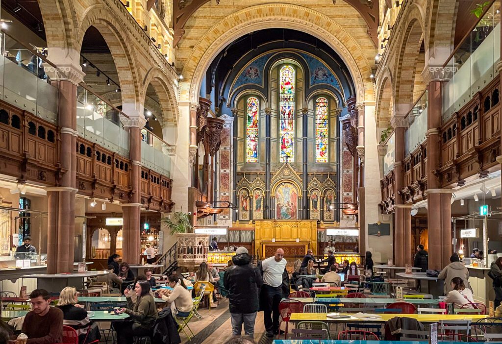 Seating at Mercato Mayfair is in the original church.