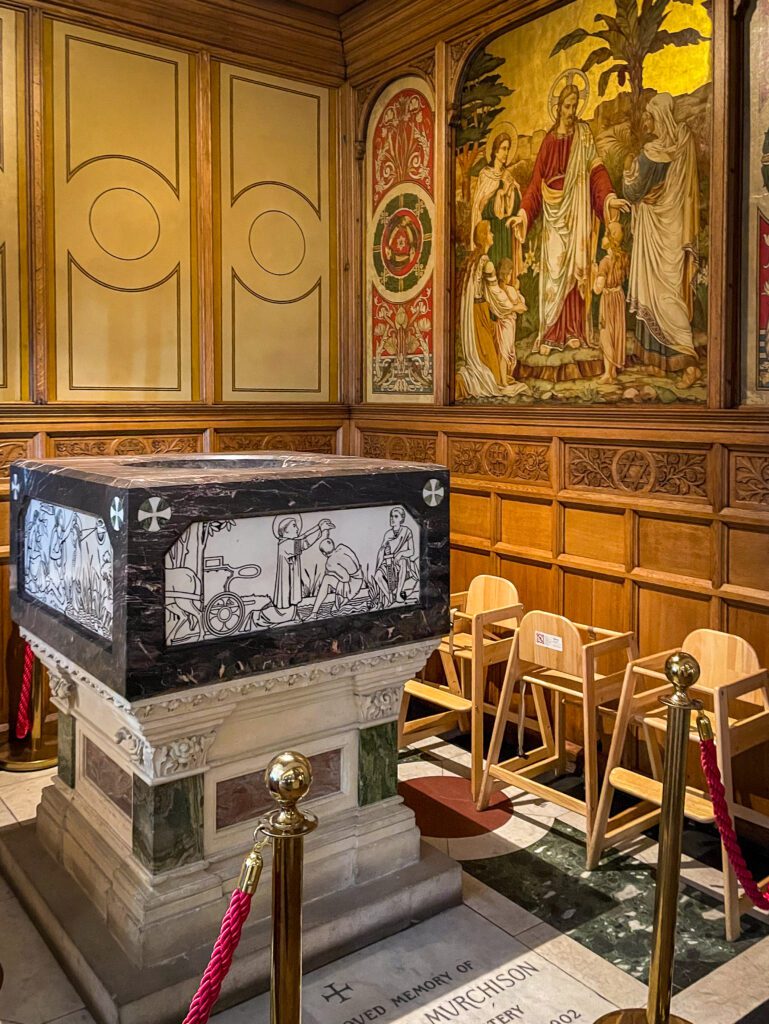 The font from the original church is now used to store high chairs.