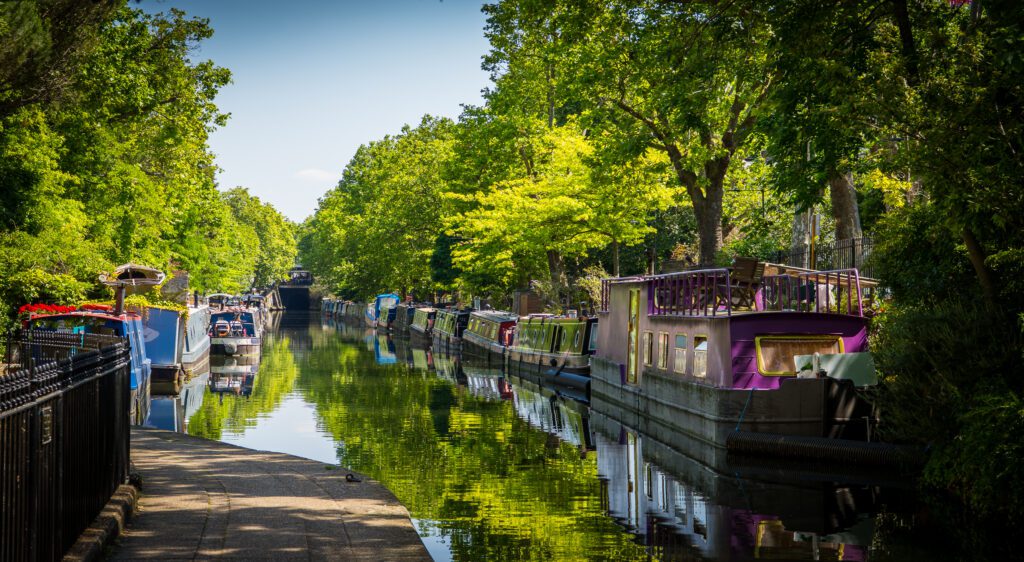 Canal boats moored along Regent's Canal