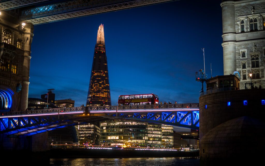 Shard behind Tower Bridge from the River Thames
