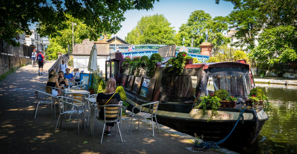 A canal boat converted into a cafe moored up at Little Venice