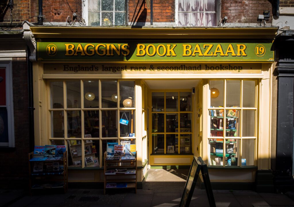 Outside Baggins Book Bazaar in Rochester