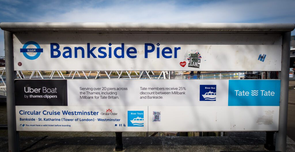 Bankside Pier sign for the Uber boat