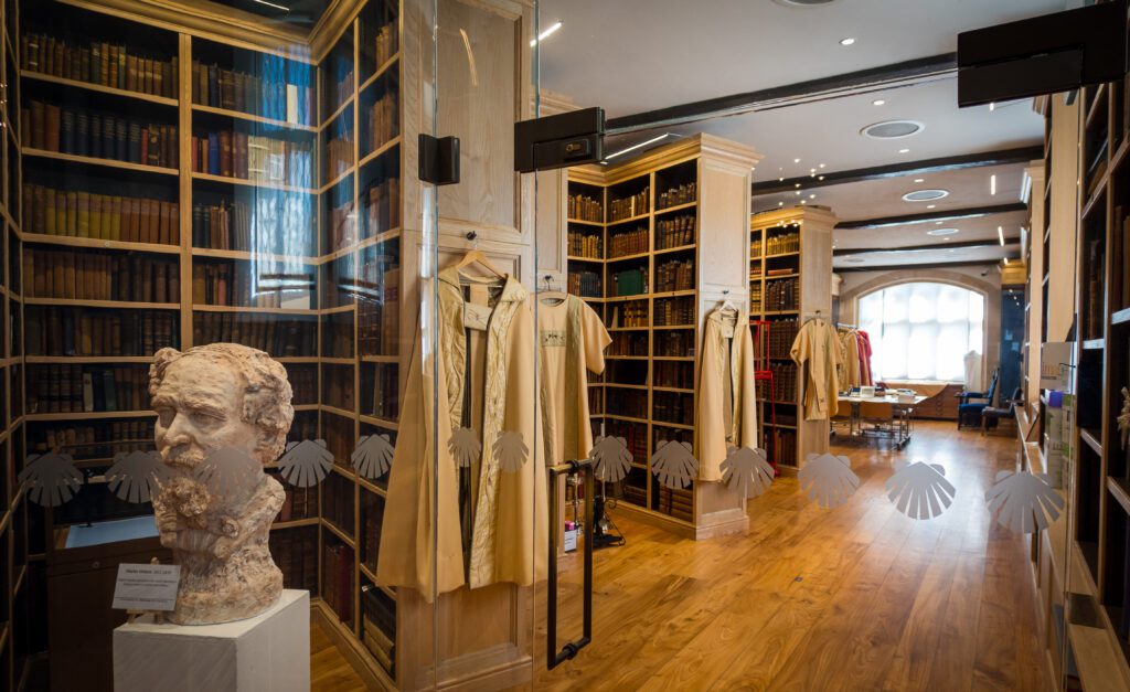 Library at Rochester Cathedral with a bust of Charles Dickens