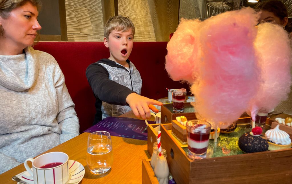 Looking surprised at the Charlie and the Chocolate Factory Afternoon Tea