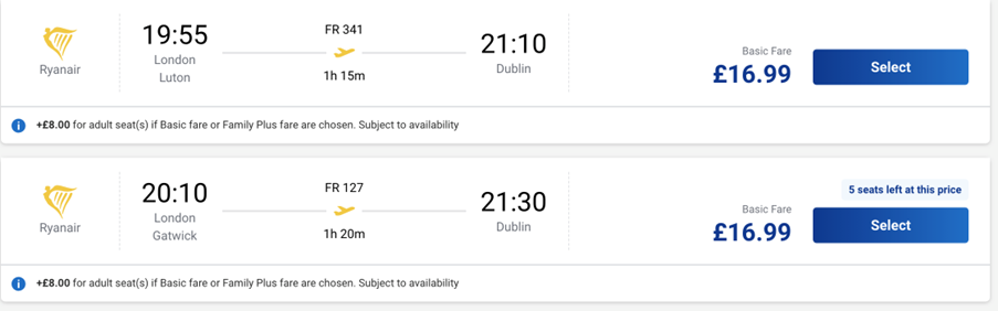 Screenshot of Ryan Air website when booking seats