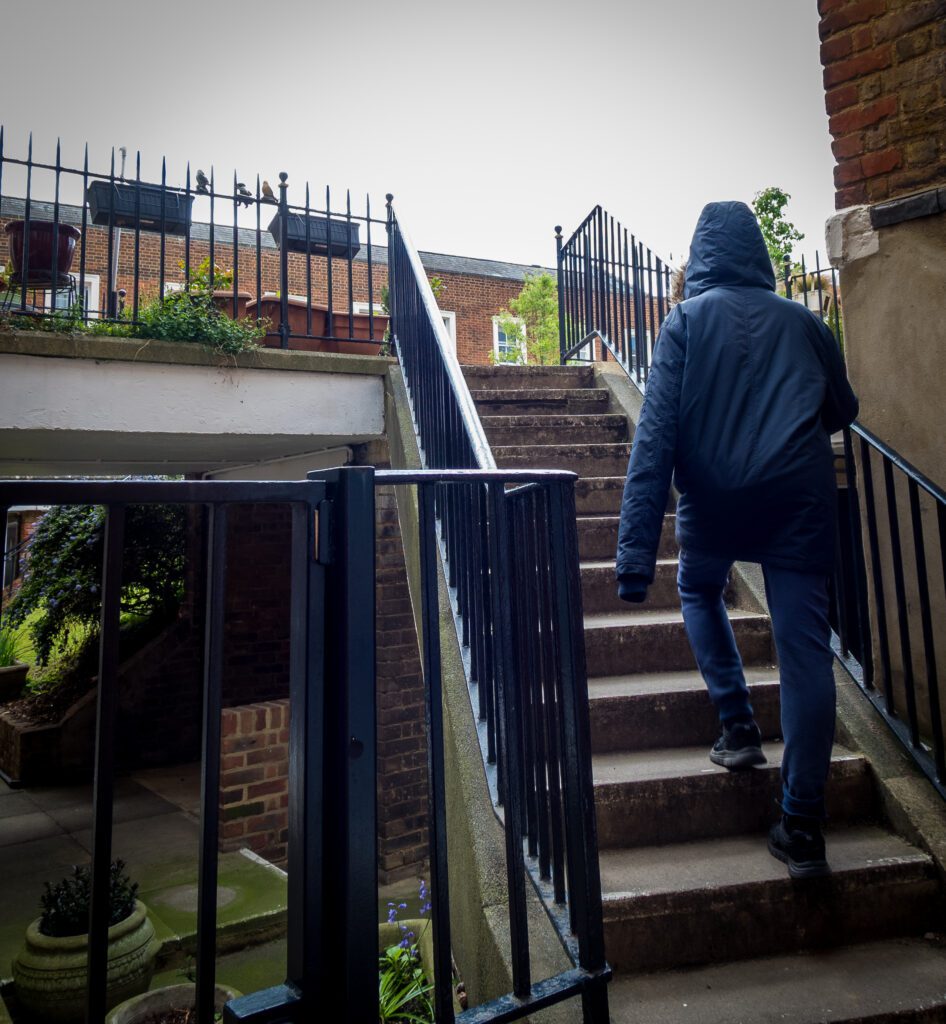 Walking up the Steps up to La Providence in Rochester