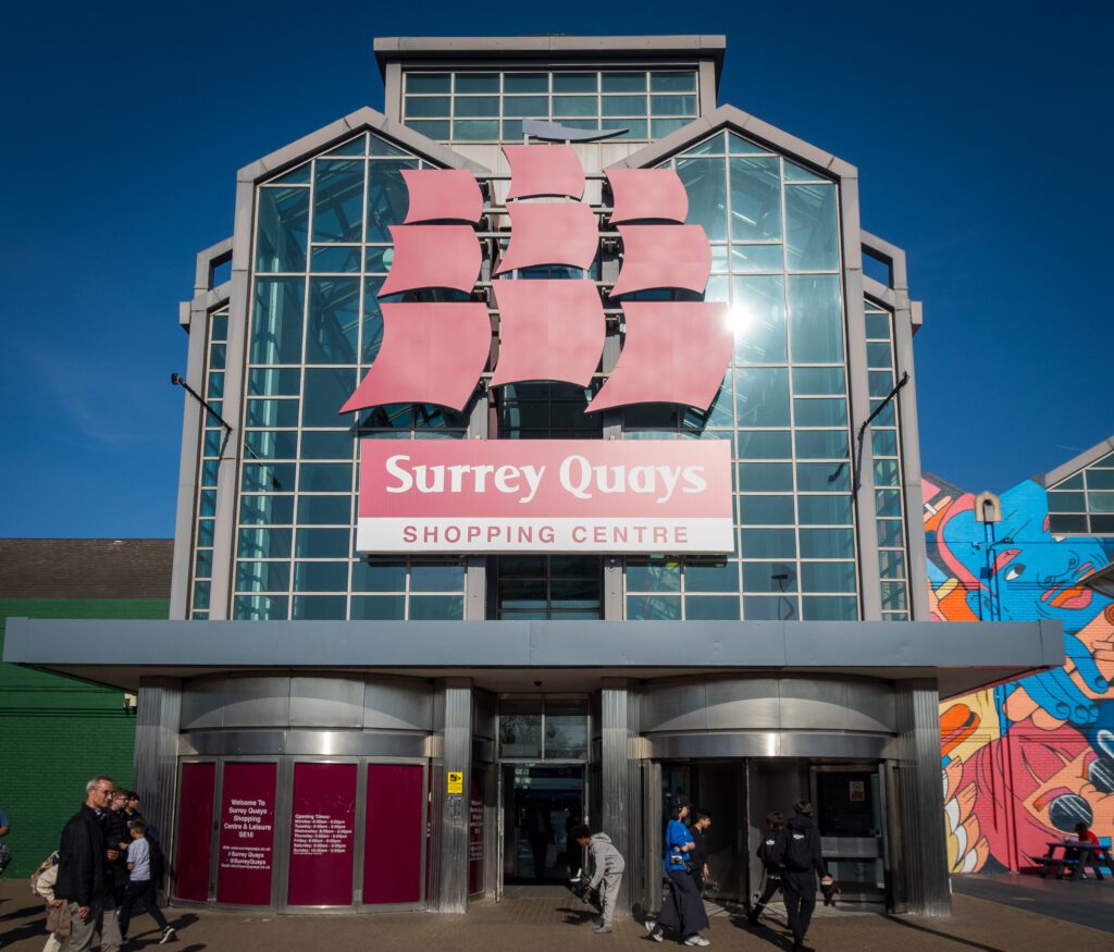 Outside Surrey Quays shopping centre
