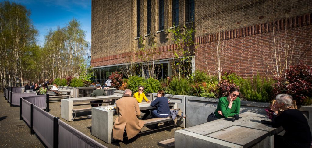 Bench seating outside the Corner Cafe at Tate Modern