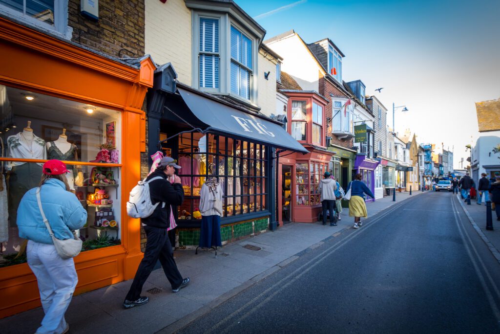Shops and narrow road in Whitstable