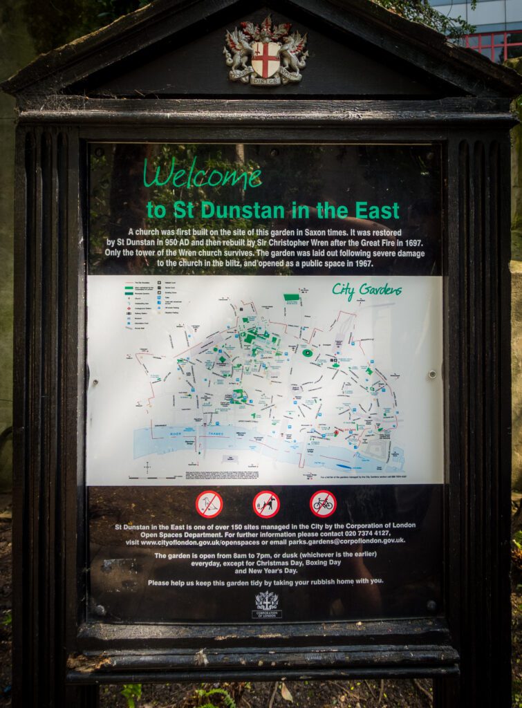 Sign explaining the history of St. Dunstan gardens