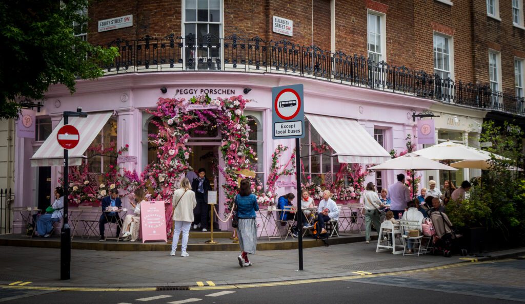 Pink bakery on a street corner