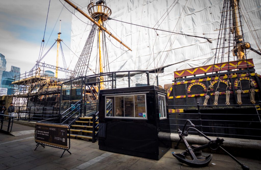 The Golden Hinde replica ship in dry dock