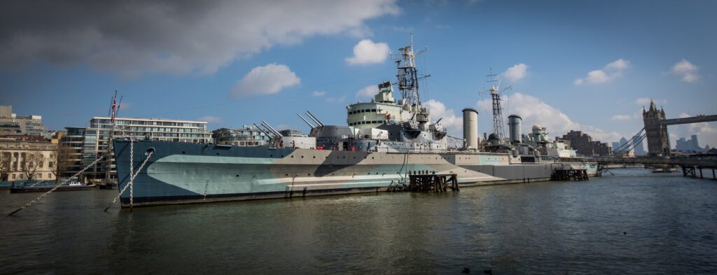 HMS Belfast moored on the River Thames near Tower Bridge