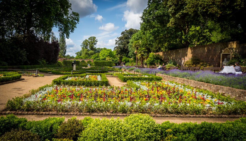Structured flower beds with walkways between them