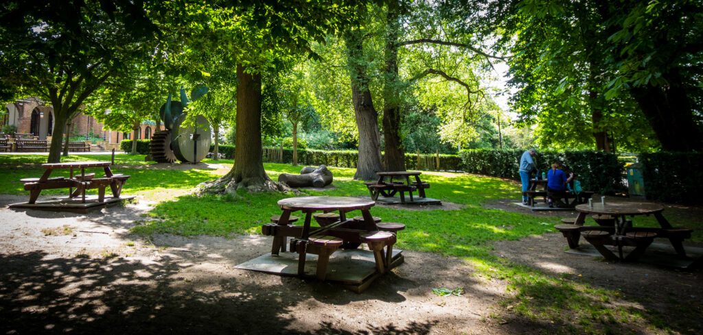 Wooden picnic tables in a grassy area