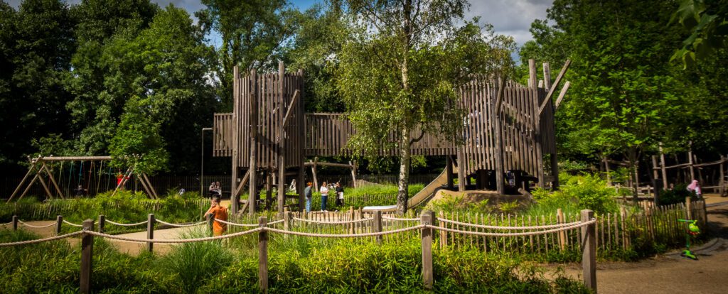 Children's play area with wooden climbing frame
