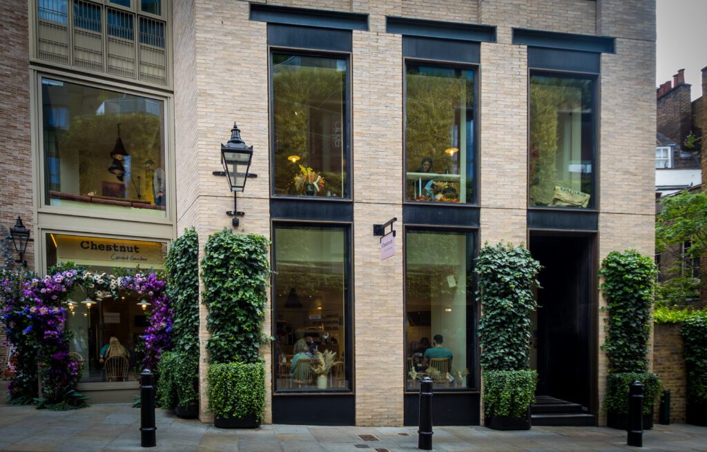 Outside Chestnut Bakery with its double storey building with tall windows