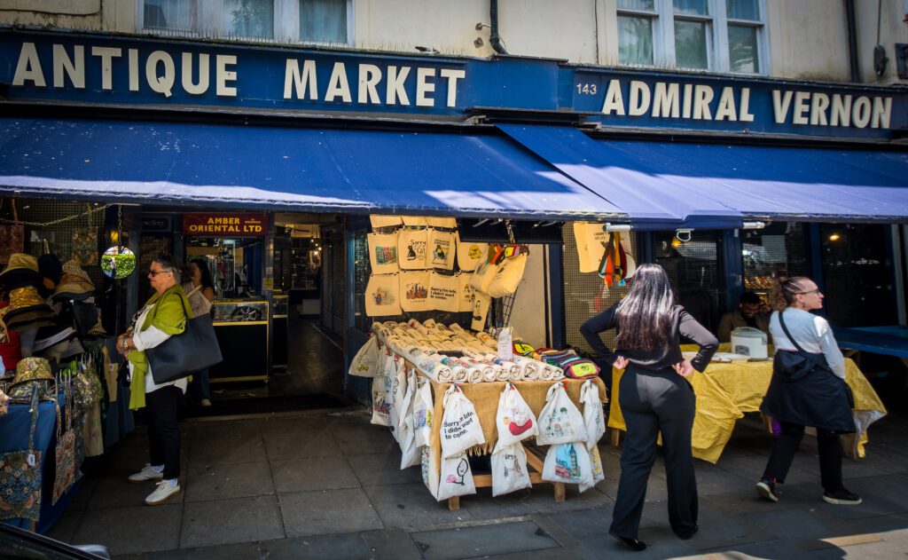 Antique market with souvenirs for sale outside