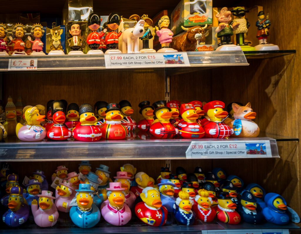 Souvenir Rubber ducks on shelves to sell as souvenirs
