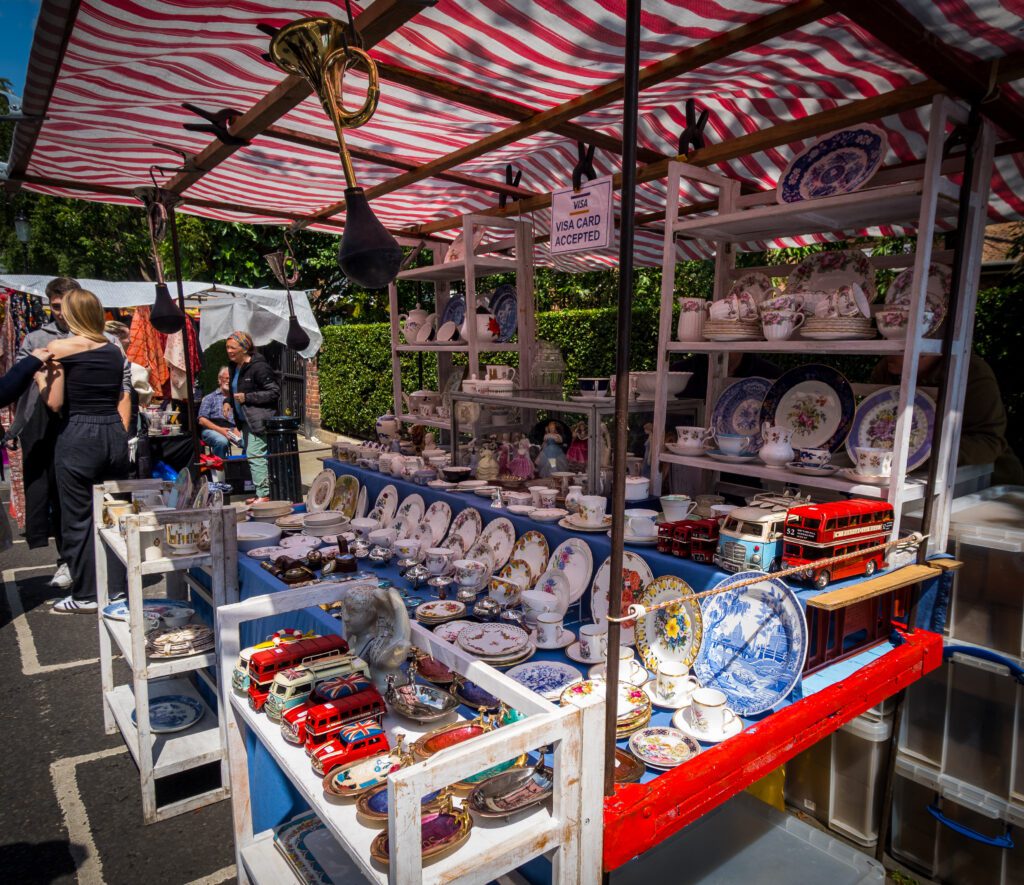 Vintage crockery for sale on a market stall