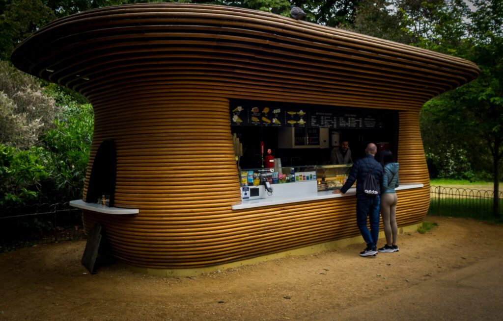 A snack kiosk next to a pathway at St. James's Park