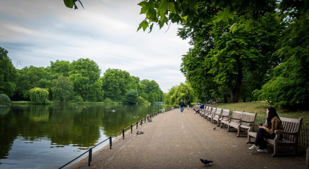 Lake with path and benches next to it.