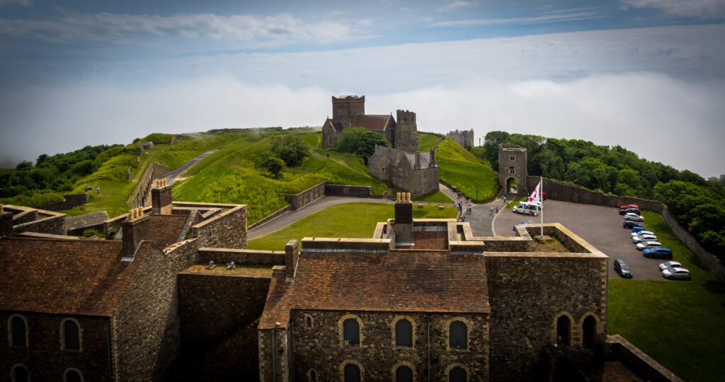 A view from the roof at Dover Castle. Building including the Roman Lighthouse and Saxon Church.
