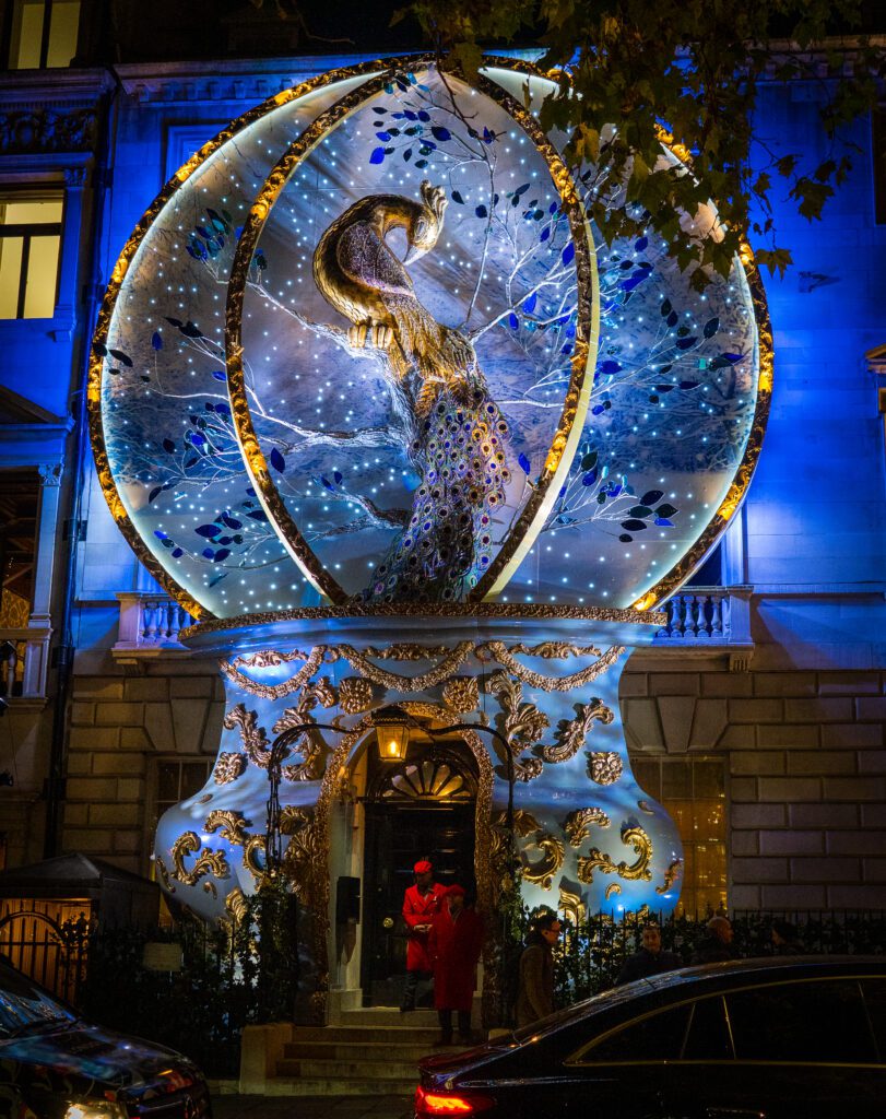 Peacock Christmas Decoration outside Annabel's Private Members Club