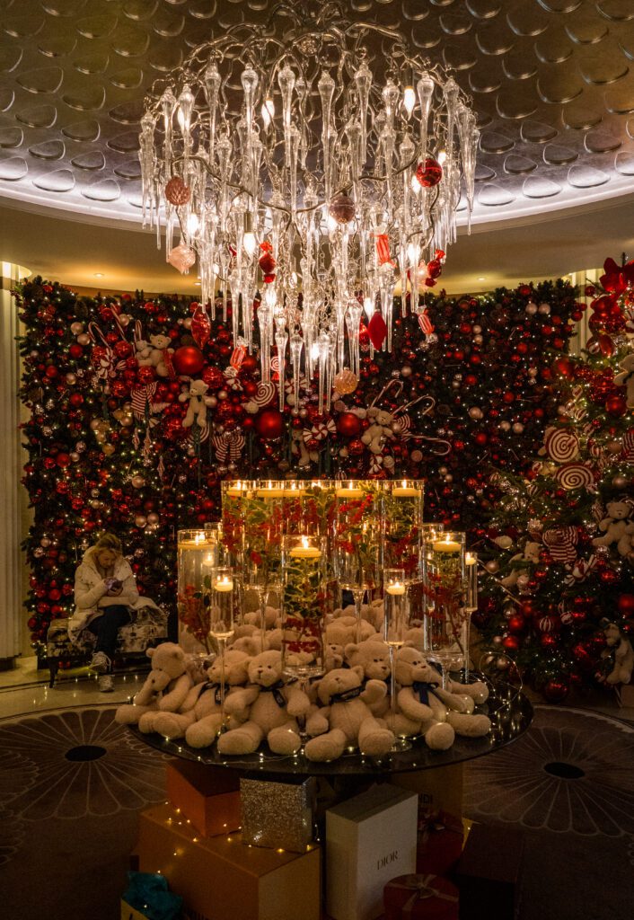Christmas display of candles and teddy bears inside The Biltmore