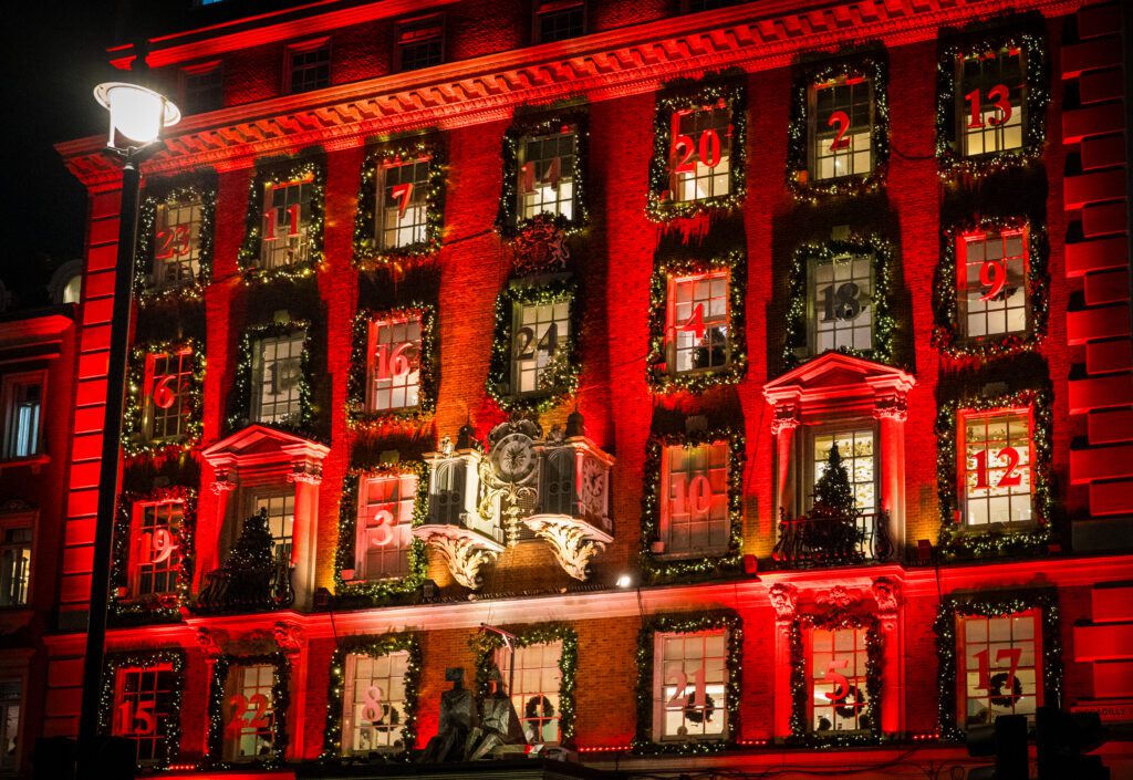Fortnum and Mason exterior decorated as an advent calendar