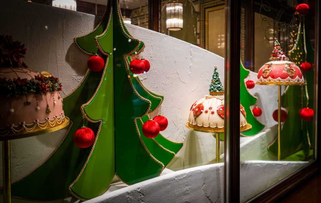 Marchesi's window display of decorated cakes