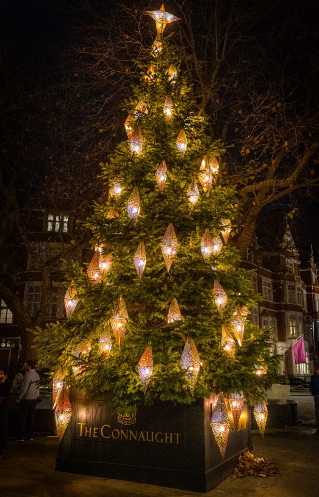 A tall Christmas tree outside The Connaught