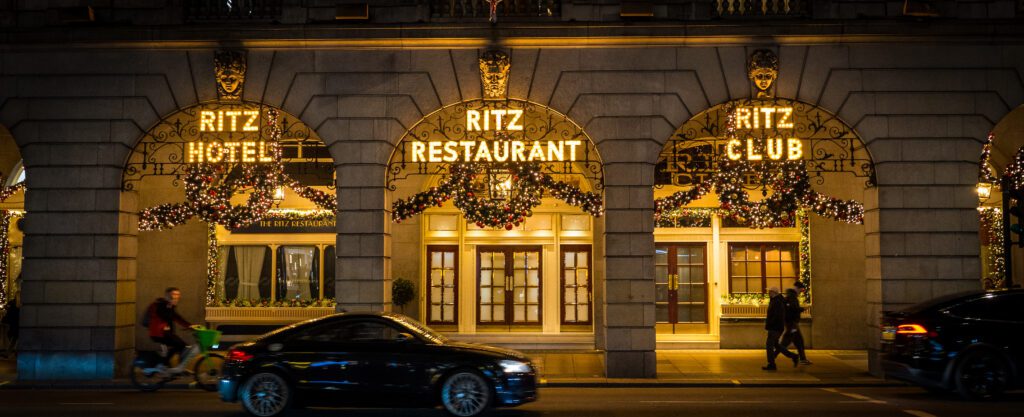 Simple Christmas decorations outside The Ritz