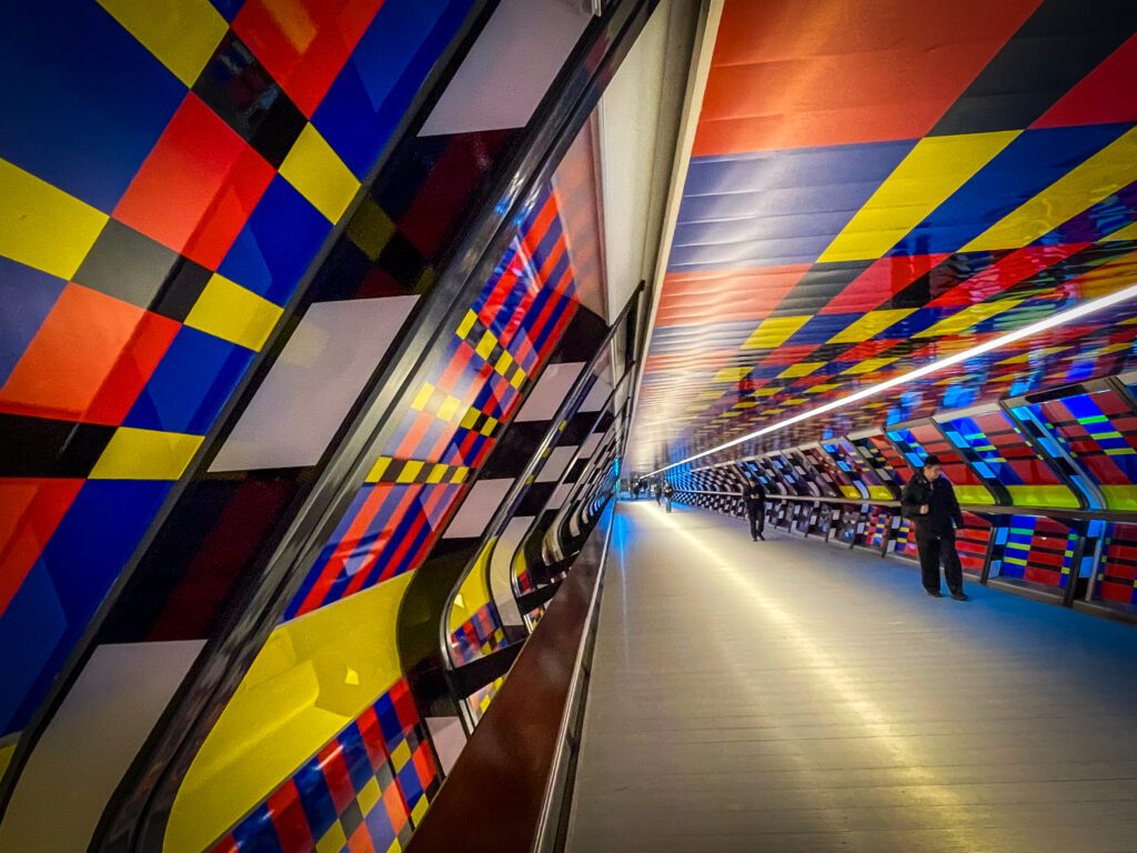 Colourful block artwork decorating Adams Plaza foot bridge.