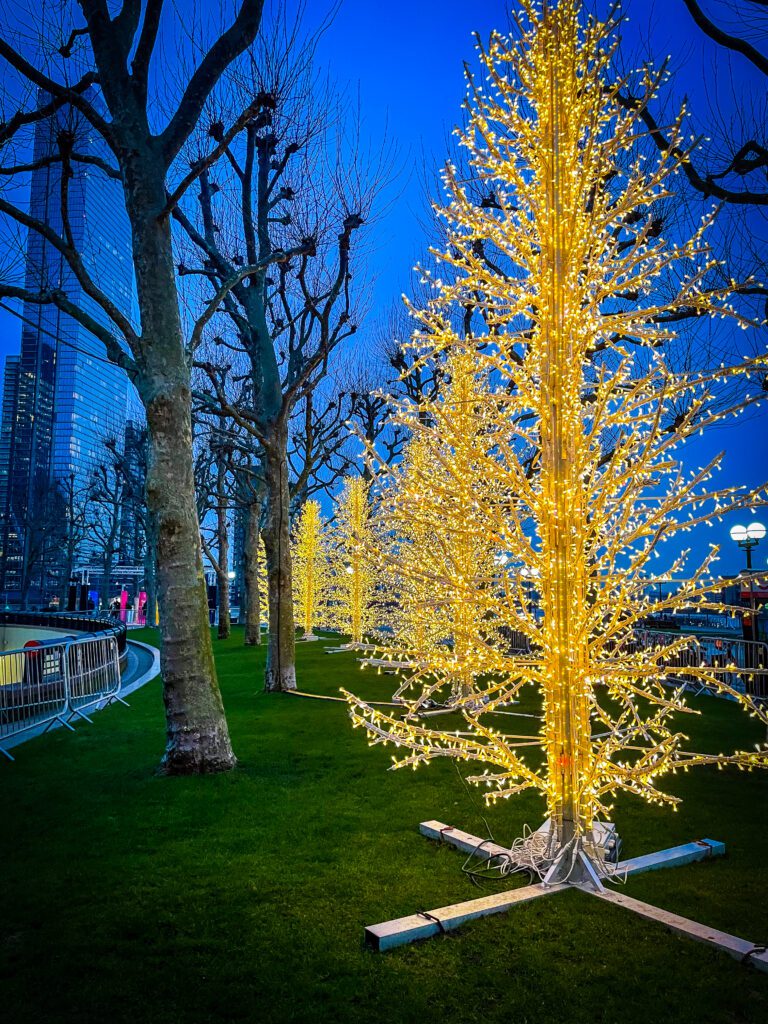 Display of fake christmas trees lit up with yellow lights all in a row