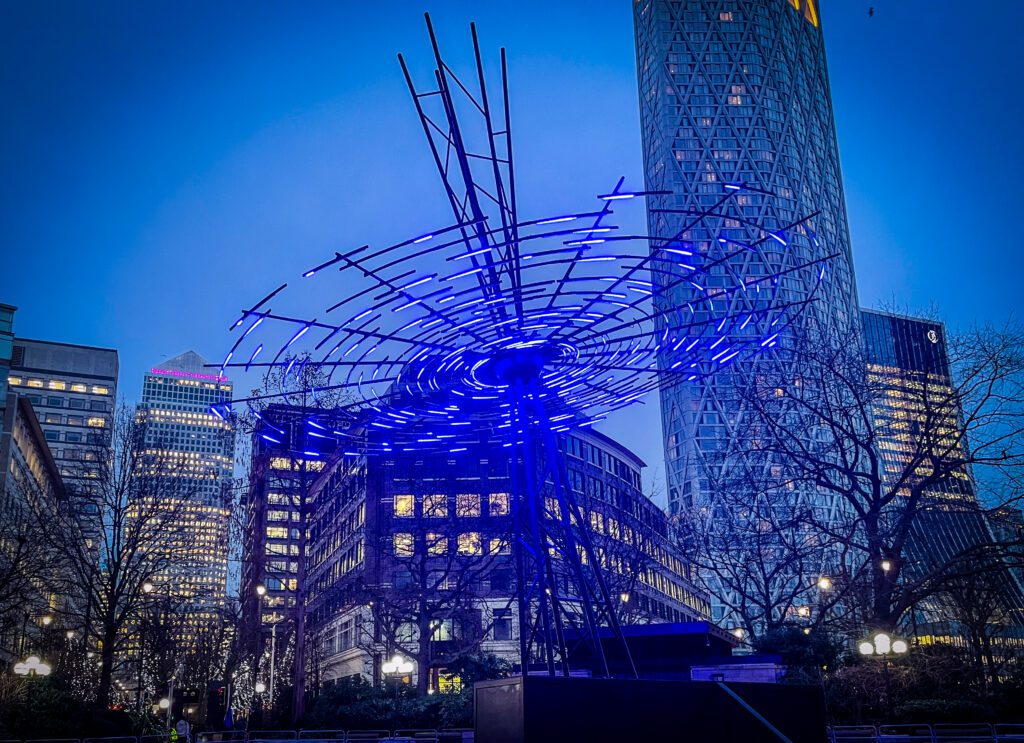 Twirling blue light installation at Canary Wharf